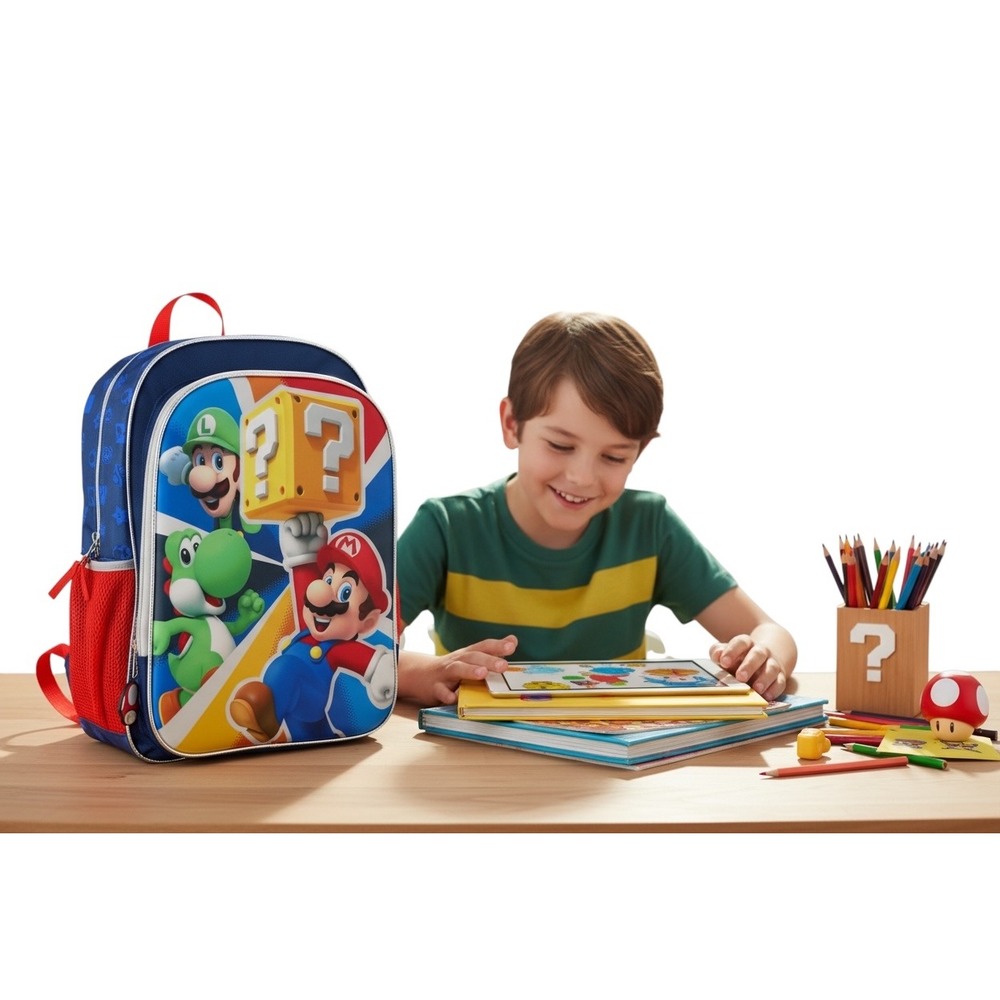 Nintendo Super Mario 17 Inch Backpack Mario Luigi Yoshi Blue Red Kids School Bag